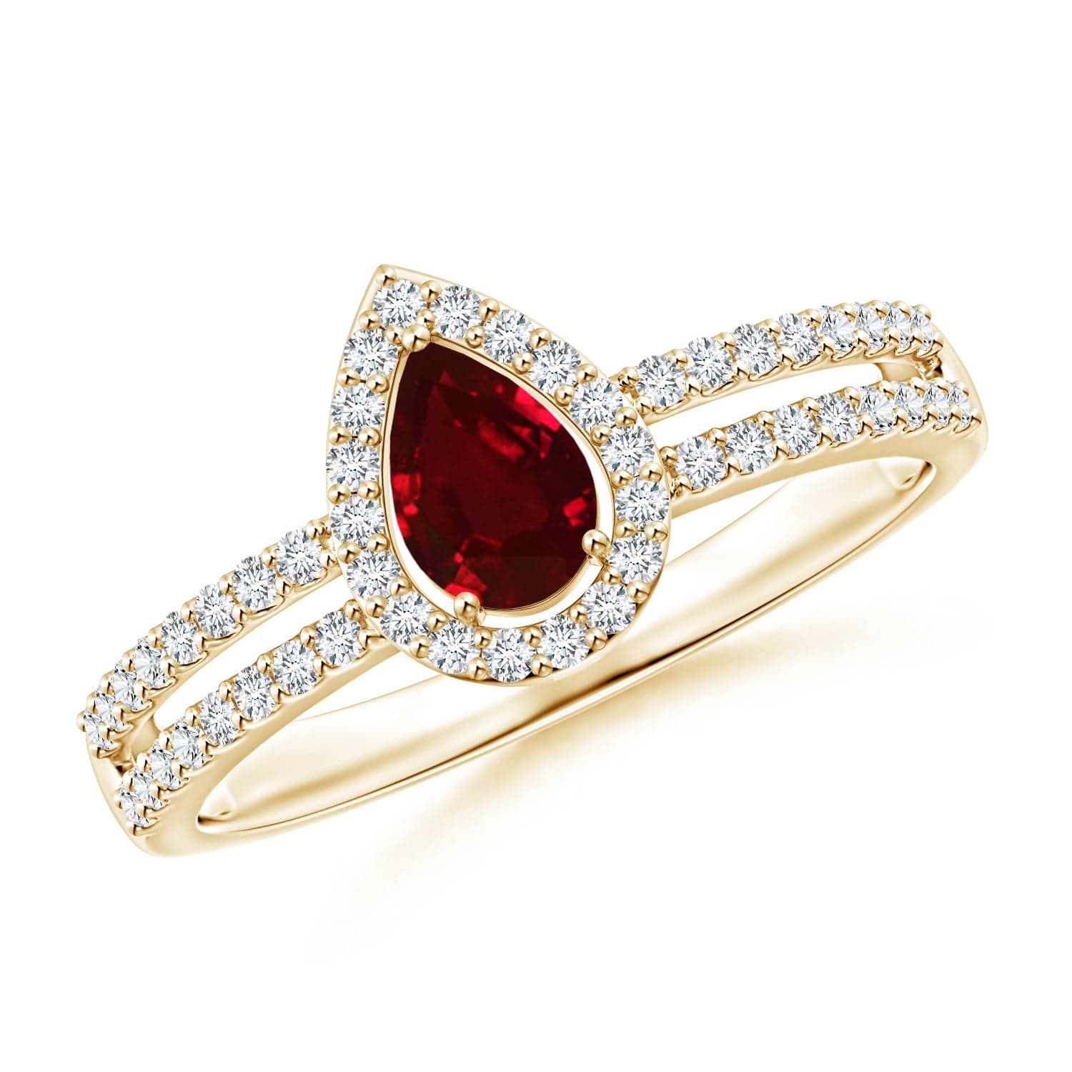Pear Ruby and Diamond Halo Split Shank Ring image 1