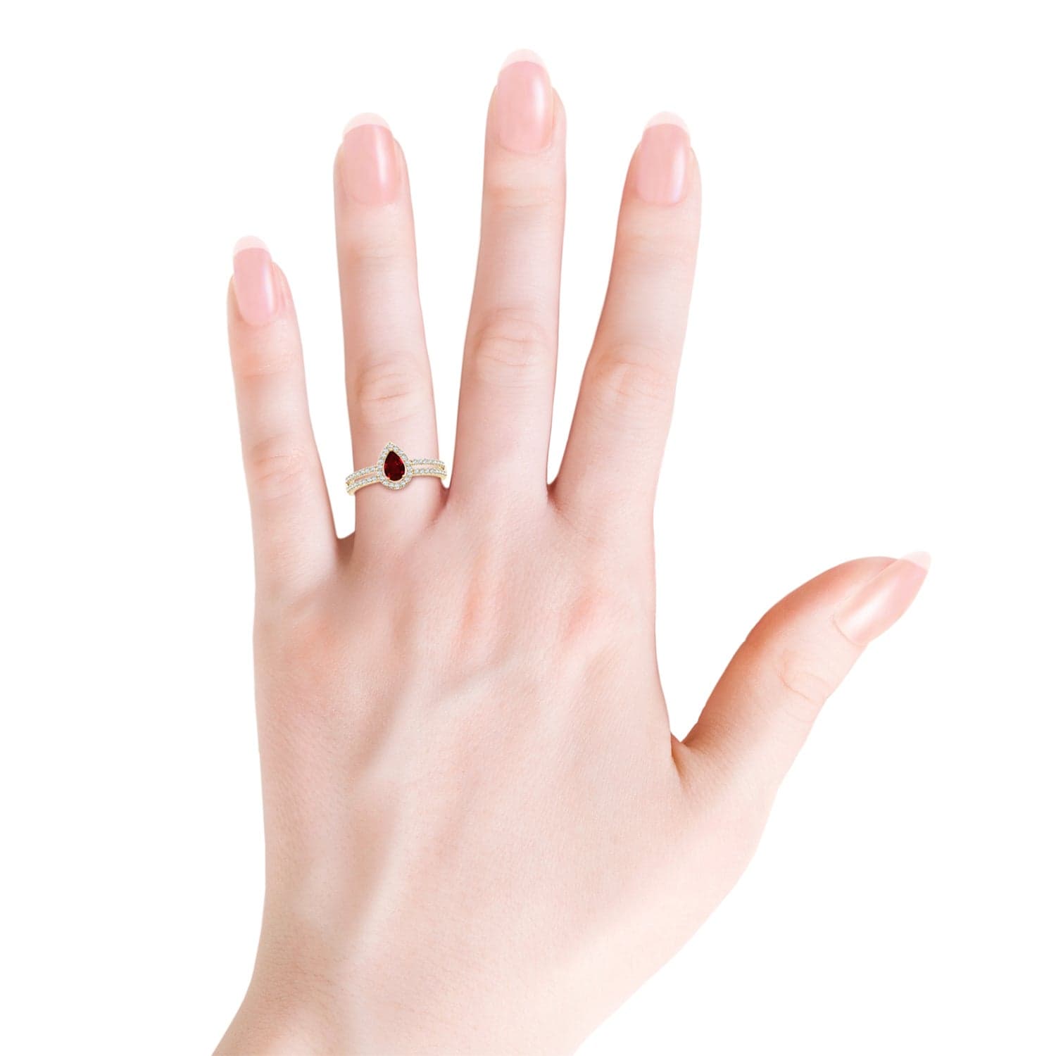Pear Ruby and Diamond Halo Split Shank Ring image 3